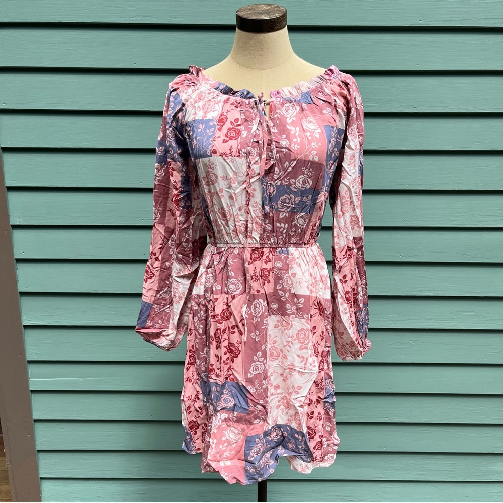 Blue Mauve Patchwork Print Dress